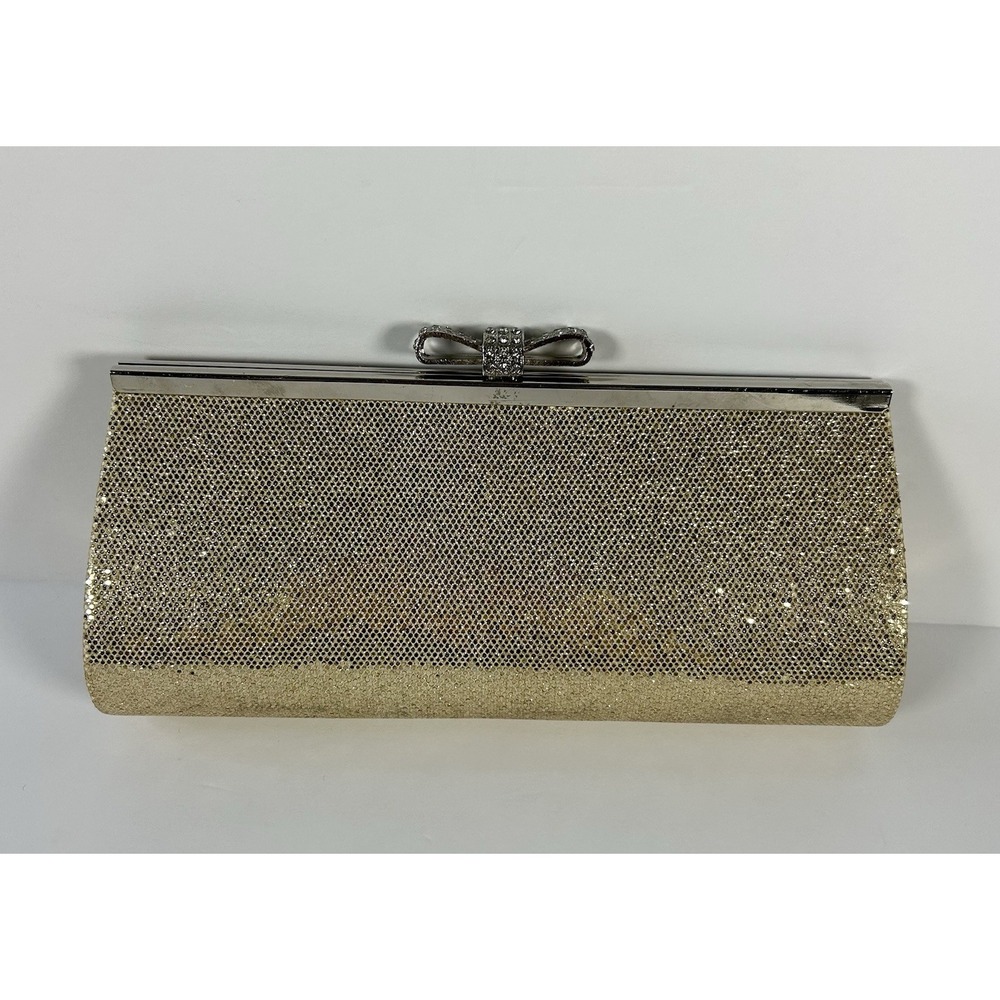 Gold Metallic Glitter Dressy Party Clutch W/ Metal Chain And Fabric Chain Used